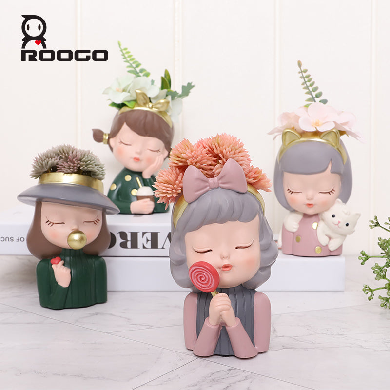 Beram Charming Figurine Set Green Pink Grey Polyresin Decorative Flower Vase Cute Girl Succulent Pot Modern Indoor Home Office Table Decor Propagator Kit Gift Set