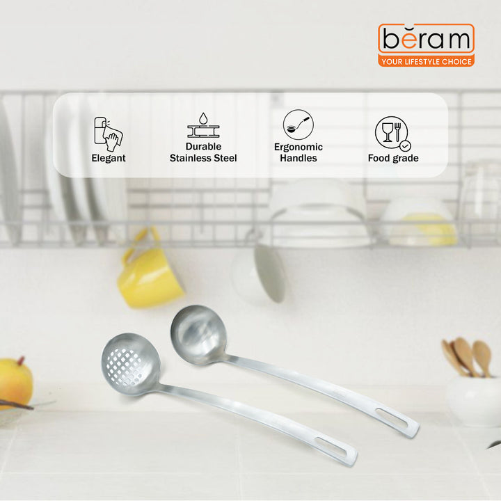 Beram Stainless Steel 2-Piece Cooking Utensils 6cm Skimmer and Soup Ladle with Ergonomic Handles Mirror Finish Rust-Resistant Lightweight Hanging Hole for Storage Cooking Tools for Everyday Use