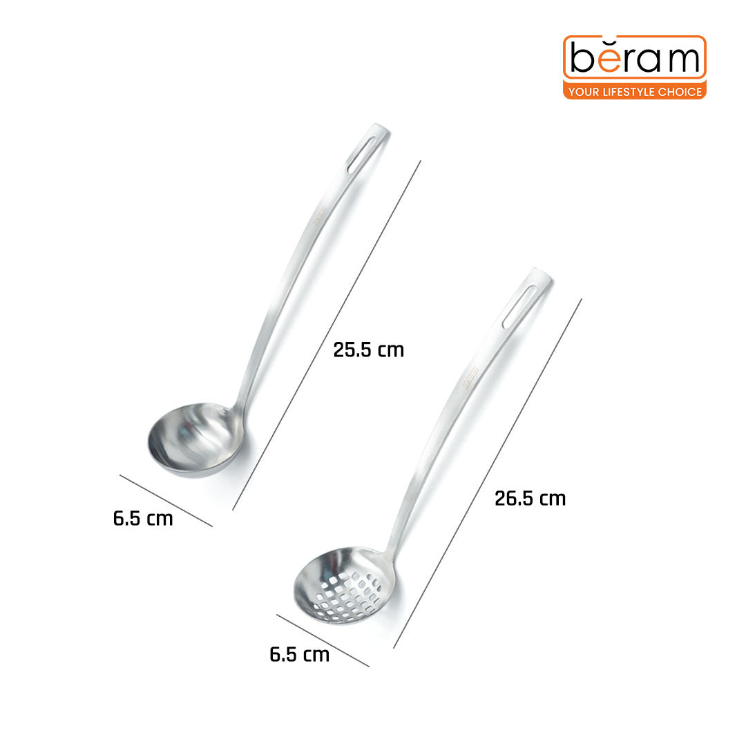 Beram Stainless Steel 2-Piece Cooking Utensils 6cm Skimmer and Soup Ladle with Ergonomic Handles Mirror Finish Rust-Resistant Lightweight Hanging Hole for Storage Cooking Tools for Everyday Use