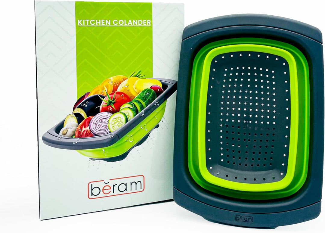 BERAM 40cm Colander, Extendable Handles, Kitchen Strainer, Collapsible, Over the Sink, Rice Drainer, Silicone, Space Saving & Collapsible Kitchen Accessories, Best for Daily Kitchen Storage and Use