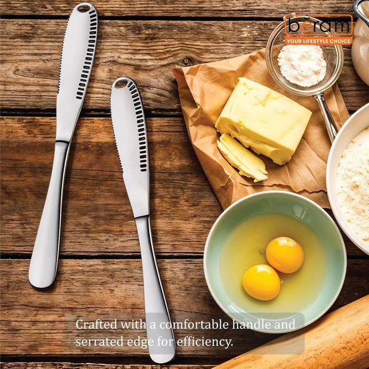BERAM Butter Knife, 3 in 1 Heavy Duty Scraper, Cheese Knife, Stainless Steel, Butter Curler, Spreader with Serrated Edge, Slots for Cutting Vegetables, Fruits, Jam, Peanut Butter and Cheese