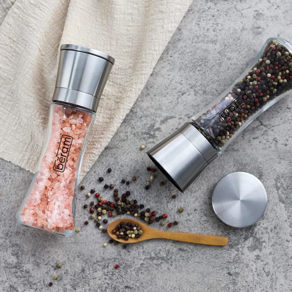 BERAM Salt and Pepper Grinder Set, Stainless Steel Mills with Tall Glass Body, Manual, Adjustable Coarseness for Sea Salt, Black Pepper, Spices, Multipurpose, Perfect for Home Kitchens & Restaurants