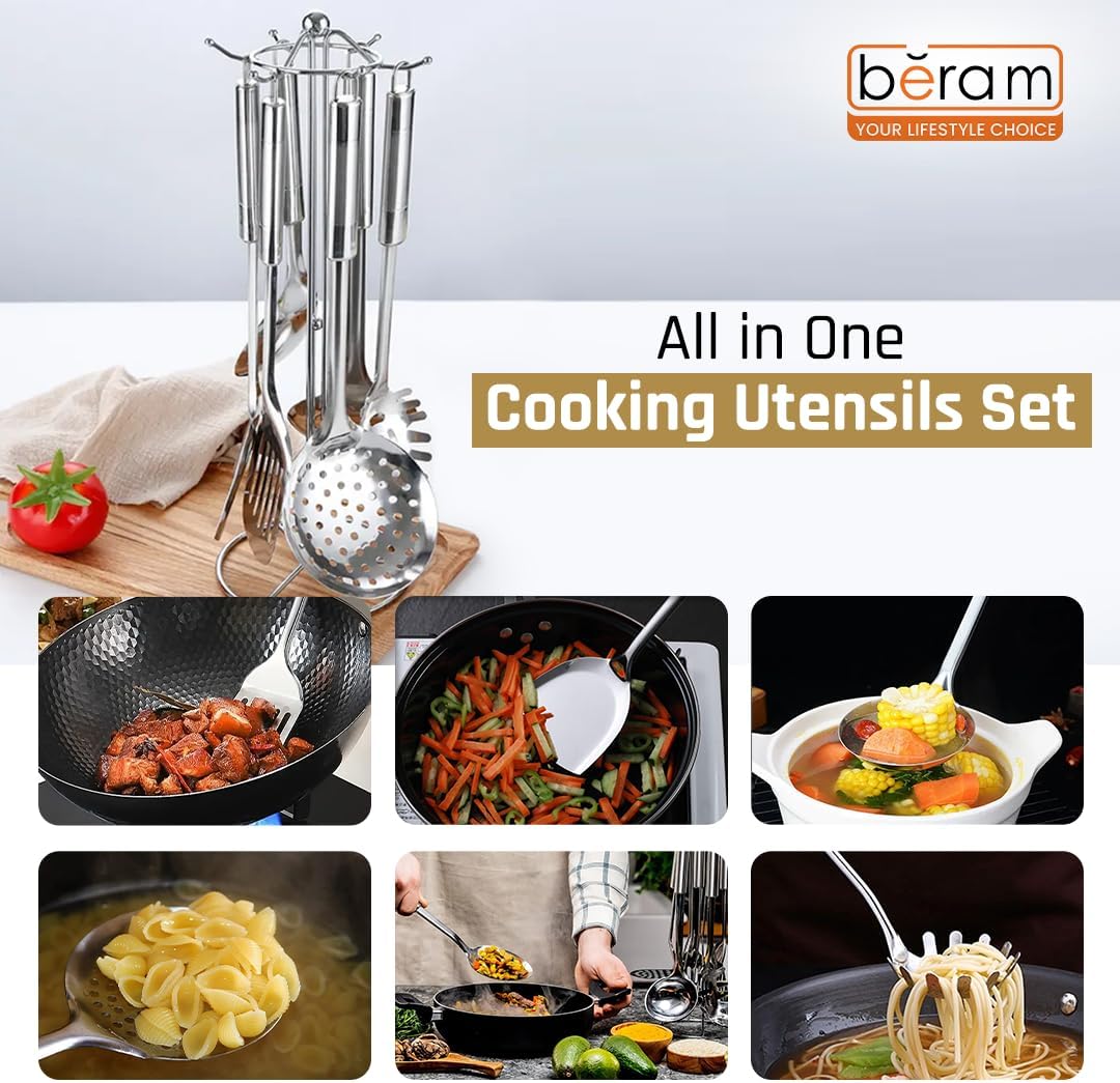BERAM Stainless Steel Cooking Utensils Set – 6-Piece Kitchen Tool Set with Pasta Server, Turner, Spatula, Skimmer, Rice Scoop & Soup Ladle – Durable Matte Silver Cookware Utensils