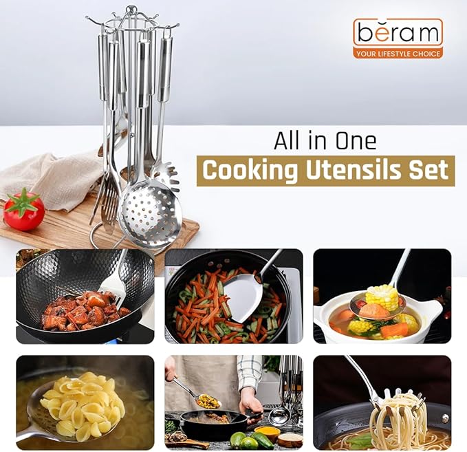 BERAM Stainless Steel Cooking Utensils Set  6-Piece Kitchen Tool Set with Pasta Server Turner Spatula Skimmer Rice Scoop & Soup Ladle  Durable Matte Silver Cookware Utensils