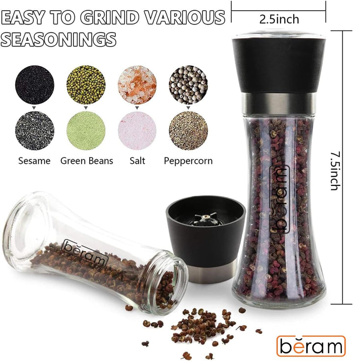 BERAM Salt and Pepper Grinder Set, Stainless Steel Mills with Tall Glass Body, Manual, Adjustable Coarseness for Sea Salt, Black Pepper, Spices, Multipurpose, Perfect for Home Kitchens & Restaurants