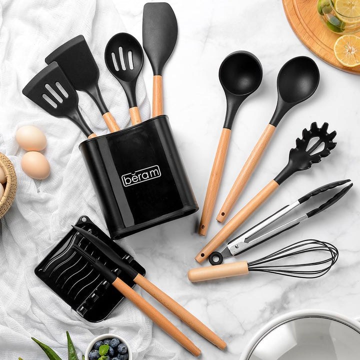 BERAM Silicone Cooking Utensil Set, 13 Pieces, Wooden Handles, Kitchen Spatula Set, Nonstick Cookware, Non Toxic, Heat Resistant, Kitchen Tools Set With Storage Bucket and Lid Rest, Black