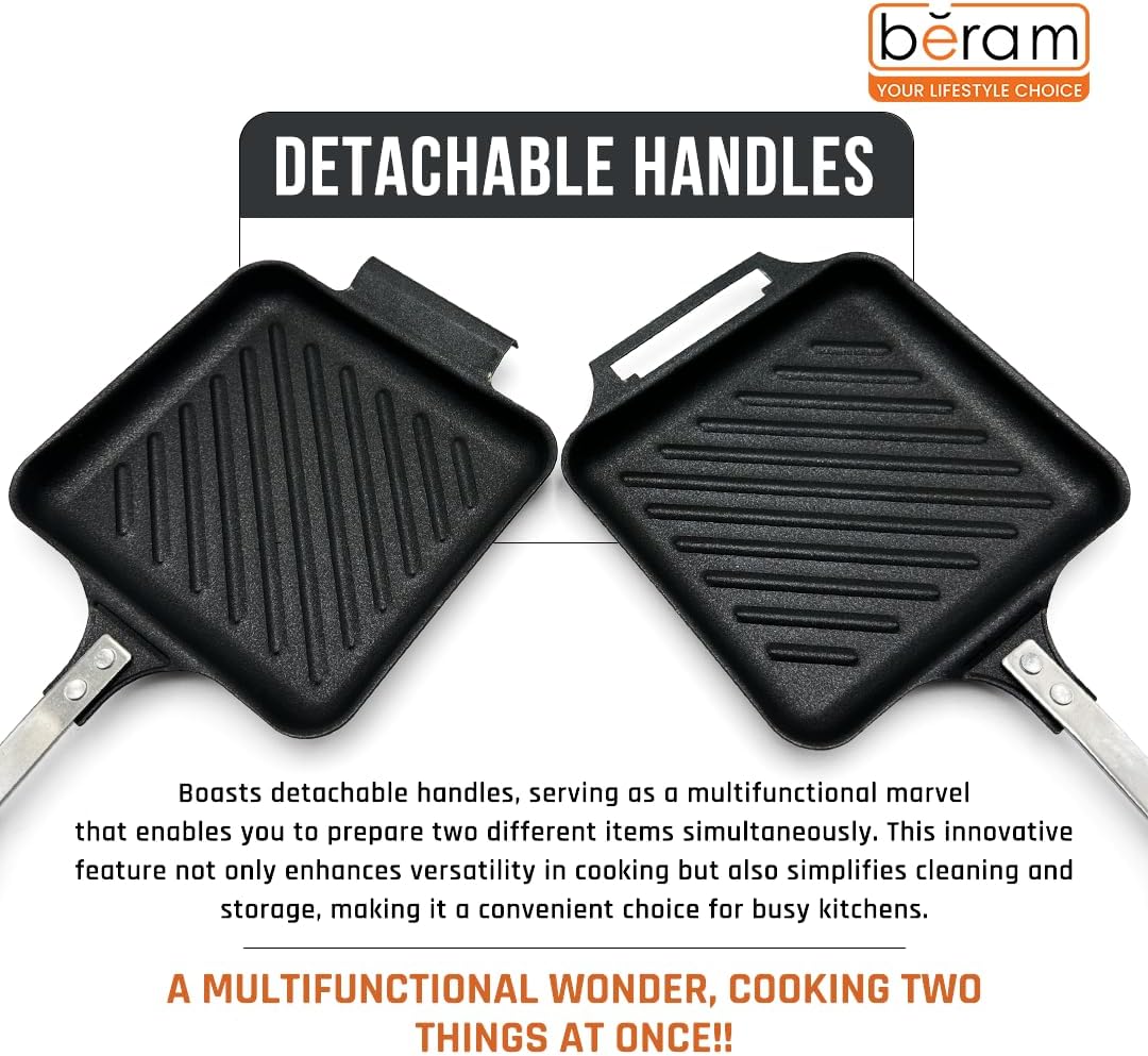 BERAM Sandwich Maker, Waffle Maker, Multifunctional, Double Sided Hand Toaster, Panini Press with Handles, Breakfast Cooker, Detachable Gas Grill and Cooker, Black