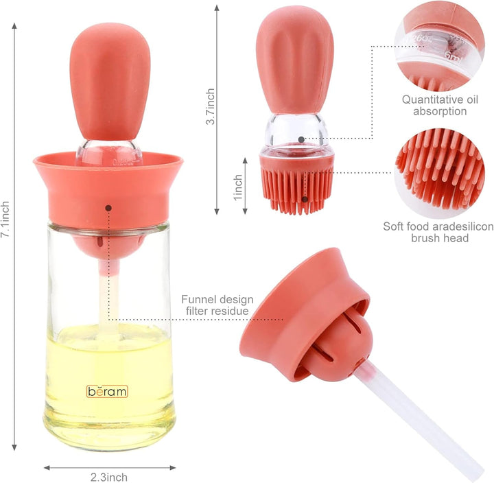 BERAM Oil Dispenser, Bottle with Brush, Set of 4, Used for Barbecue, Vinegar or Sauce, Glass Storage, and Dispenser Container with Silicone Basting Brush for Kitchen, Baking, Air Fryer, 2 in 1