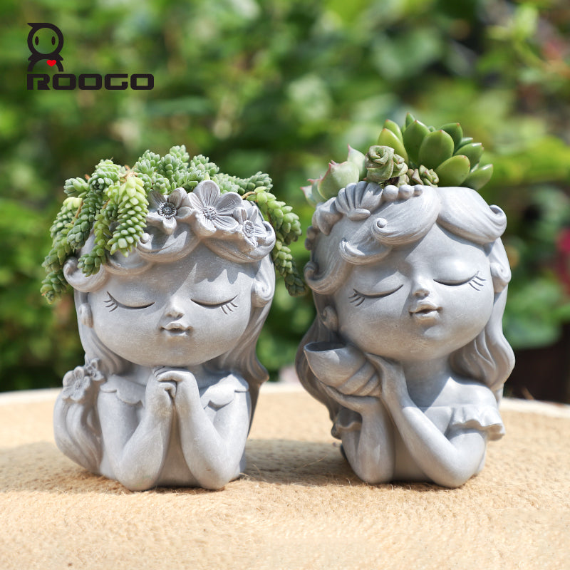 Beram Bonsai Craft Vase 4-Set Pray Dream Flower Blessing Dolls Grey Polyresin Decorative Succulent Planters Elegant Home Office Desk Decor Flower Pots Pen Pencil Holders Propagator Kit Gift