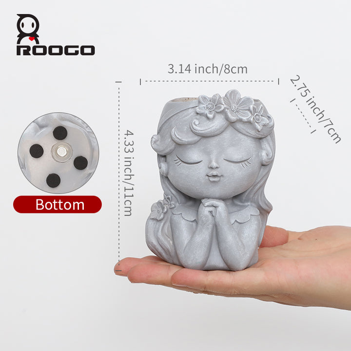 Beram Bonsai Craft Vase 4-Set Pray Dream Flower Blessing Dolls Grey Polyresin Decorative Succulent Planters Elegant Home Office Desk Decor Flower Pots Pen Pencil Holders Propagator Kit Gift