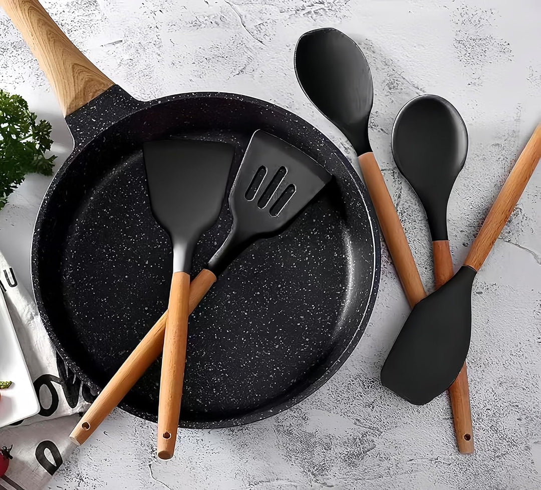 BERAM Silicone Cooking Utensil Set, 13 Pieces, Wooden Handles, Kitchen Spatula Set, Nonstick Cookware, Non Toxic, Heat Resistant, Kitchen Tools Set With Storage Bucket and Lid Rest, Black