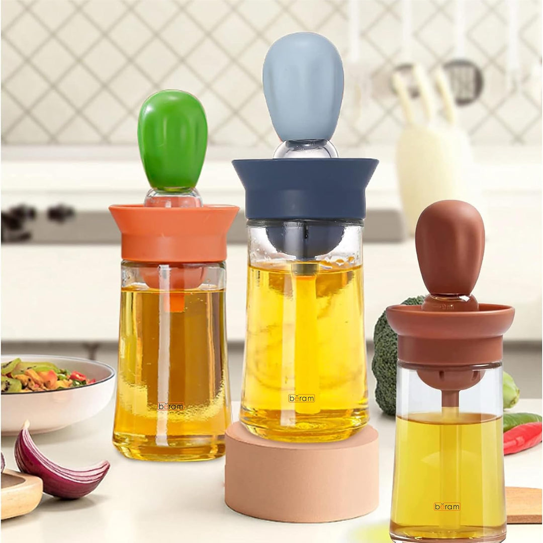 BERAM Oil Dispenser, Bottle with Brush, Set of 4, Used for Barbecue, Vinegar or Sauce, Glass Storage, and Dispenser Container with Silicone Basting Brush for Kitchen, Baking, Air Fryer, 2 in 1