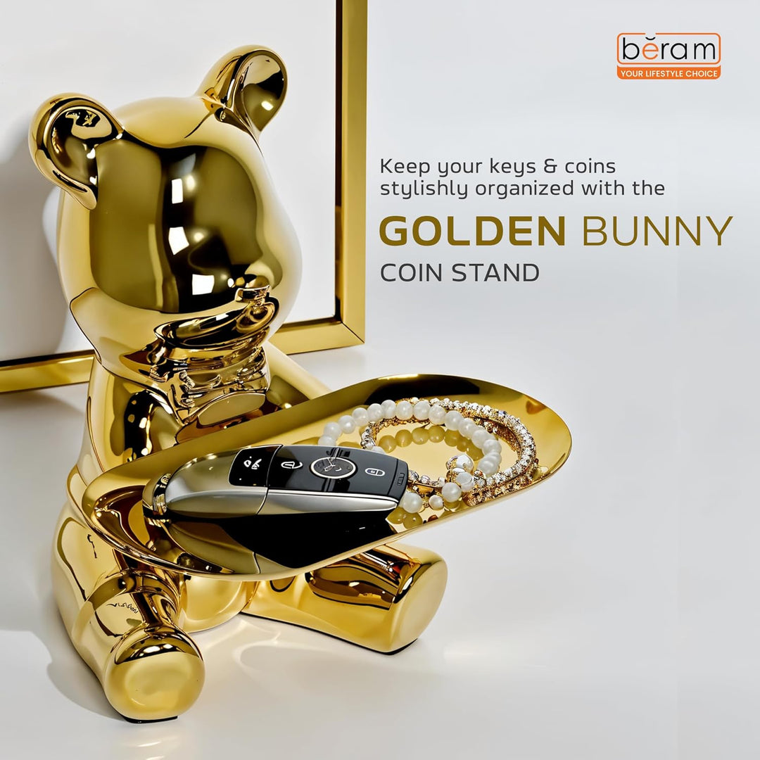 BERAM Golden Bunny Piggy Bank with Key Stand – Ceramic Art Sculpture, Modern Abstract Home Decor, Indoor Shelf Ornament & Functional Office, Living Room, Dining Room Centerpiece