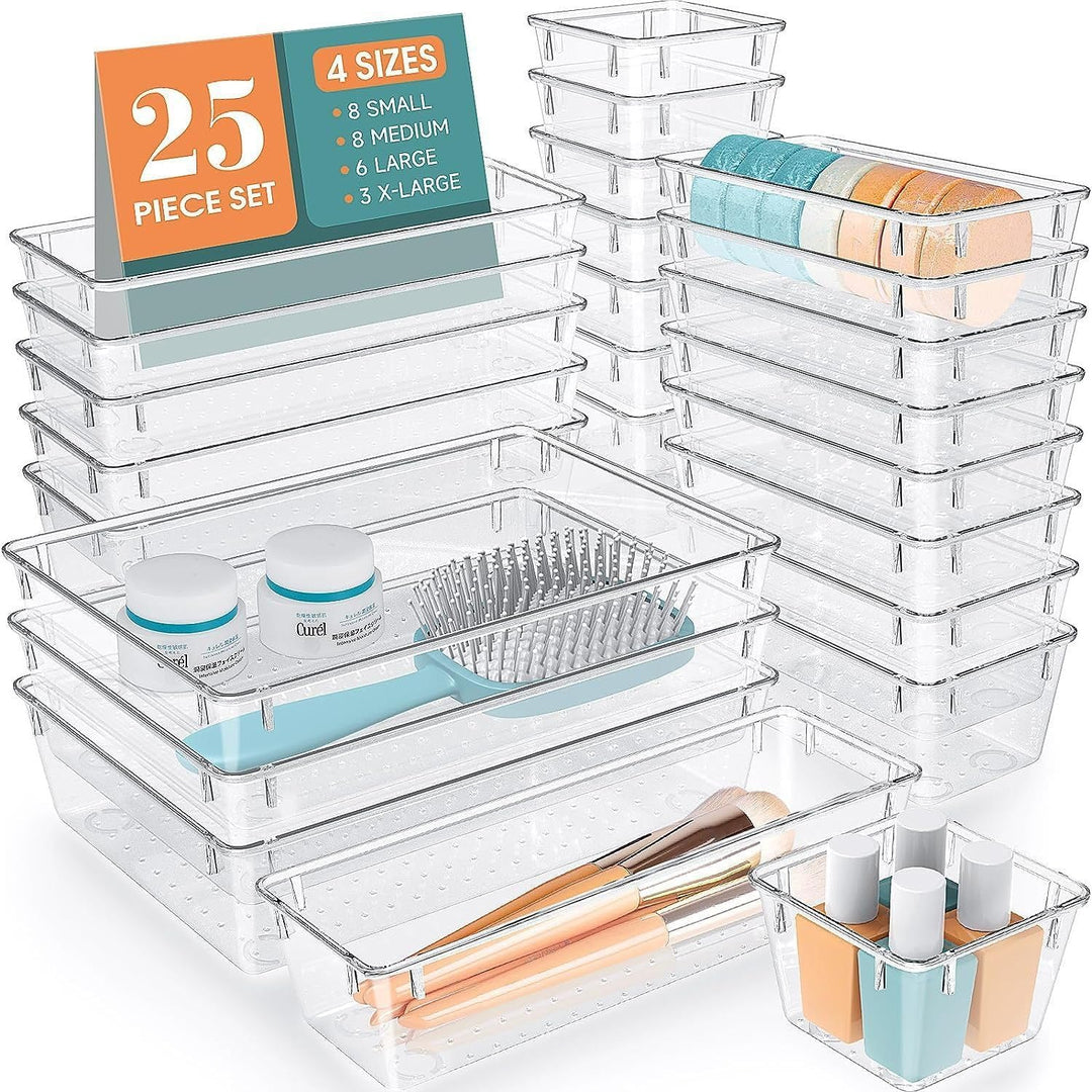 Beram 25PCS Clear Drawer Organizer Set Transparent PET Storage Bins with Non-Slip Base Includes 8 Small 8Medium 6Large 3XL Sizes Stackable Multi-Purpose Containers for Makeup Kitchen Office Bathroom