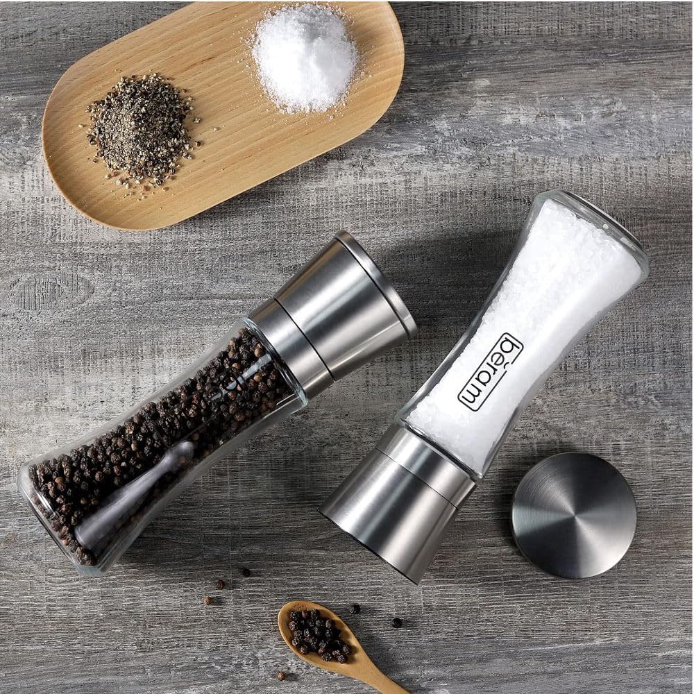 BERAM Salt and Pepper Grinder Set, Stainless Steel Mills with Tall Glass Body, Manual, Adjustable Coarseness for Sea Salt, Black Pepper, Spices, Multipurpose, Perfect for Home Kitchens & Restaurants