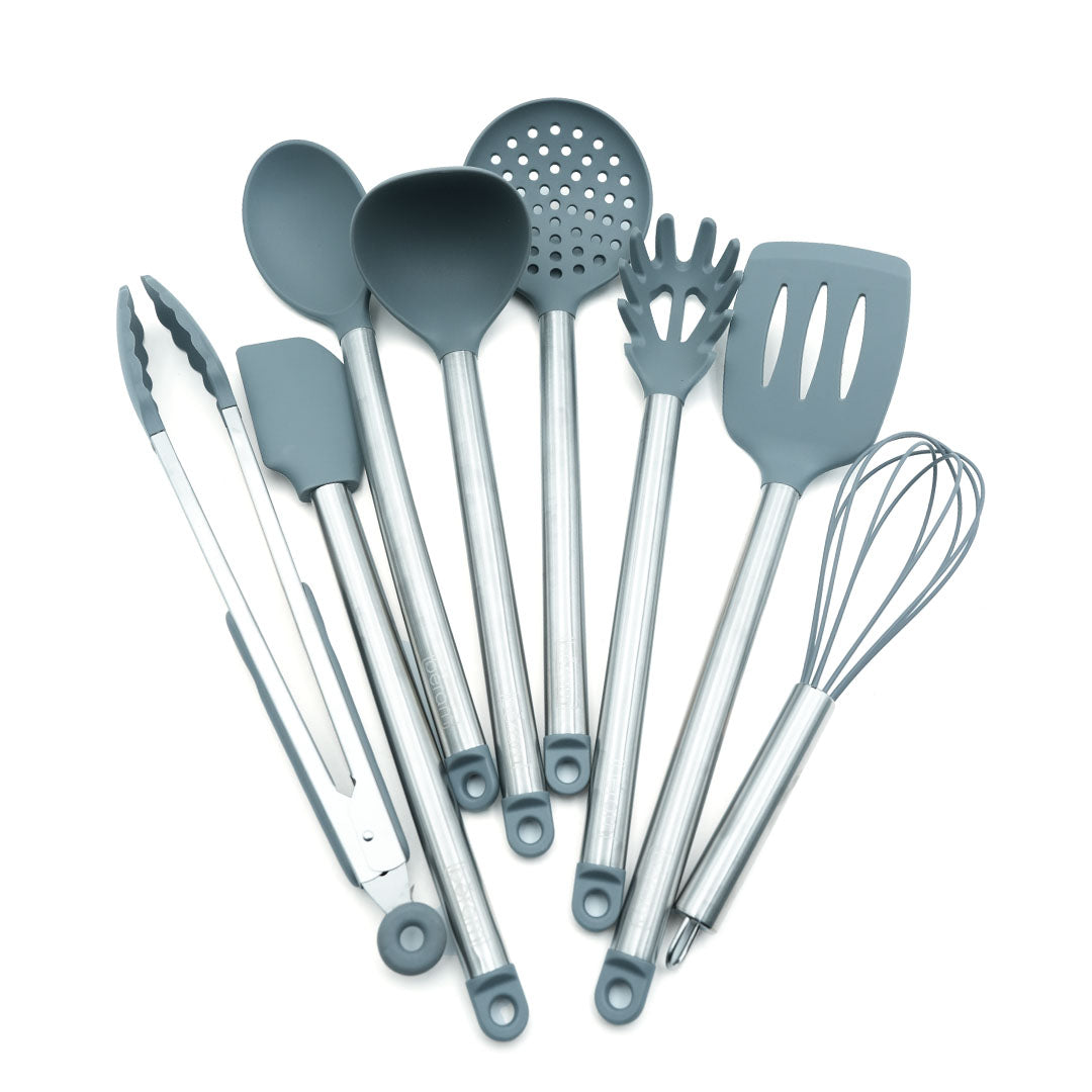 Beram 8Pcs Silicone &Stainless Steel Kitchen Utensil Heat Resistant 3Spatulas,1Tong,1Soup Ladle,1Pasta Server,1Turner,1Whisk Non-Stick BPA-Free,Dishwasher Safe (GREY) (Set of 8)