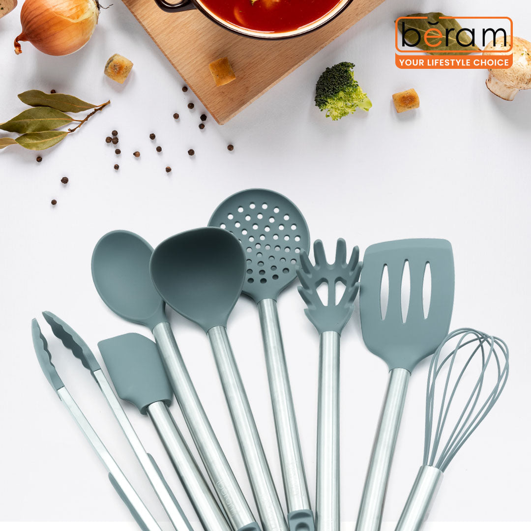 Beram 8Pcs Silicone &Stainless Steel Kitchen Utensil Heat Resistant 3Spatulas,1Tong,1Soup Ladle,1Pasta Server,1Turner,1Whisk Non-Stick BPA-Free,Dishwasher Safe (GREY) (Set of 8)