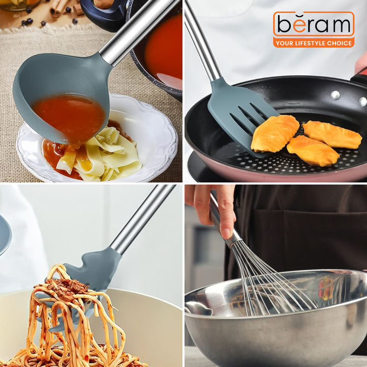 Beram 8Pcs Silicone &Stainless Steel Kitchen Utensil Heat Resistant 3Spatulas,1Tong,1Soup Ladle,1Pasta Server,1Turner,1Whisk Non-Stick BPA-Free,Dishwasher Safe (GREY) (Set of 8)