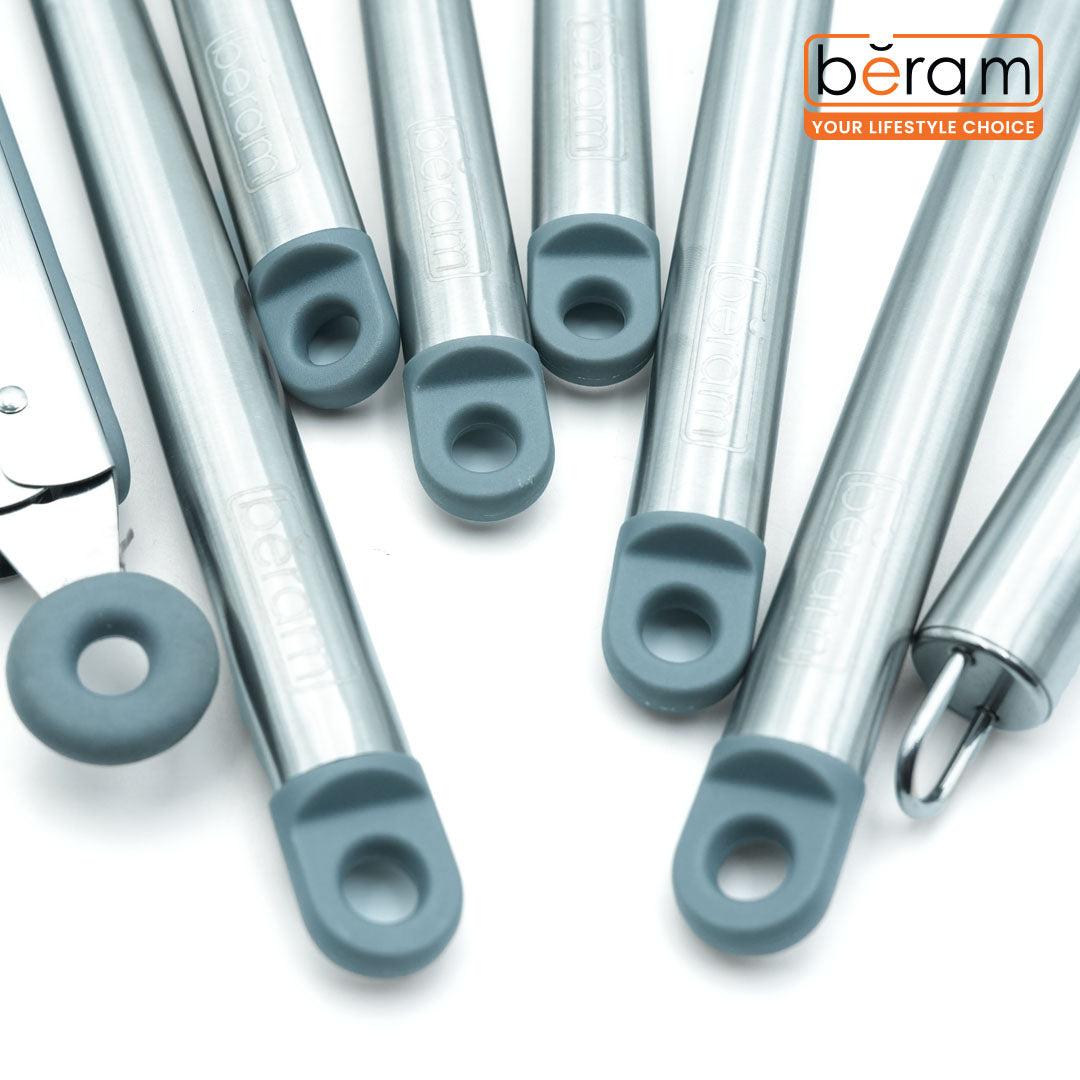 Beram 8Pcs Silicone &Stainless Steel Kitchen Utensil Heat Resistant 3Spatulas,1Tong,1Soup Ladle,1Pasta Server,1Turner,1Whisk Non-Stick BPA-Free,Dishwasher Safe (GREY) (Set of 8)