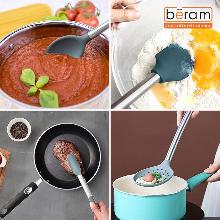 Beram 8Pcs Silicone &Stainless Steel Kitchen Utensil Heat Resistant 3Spatulas,1Tong,1Soup Ladle,1Pasta Server,1Turner,1Whisk Non-Stick BPA-Free,Dishwasher Safe (GREY) (Set of 8)