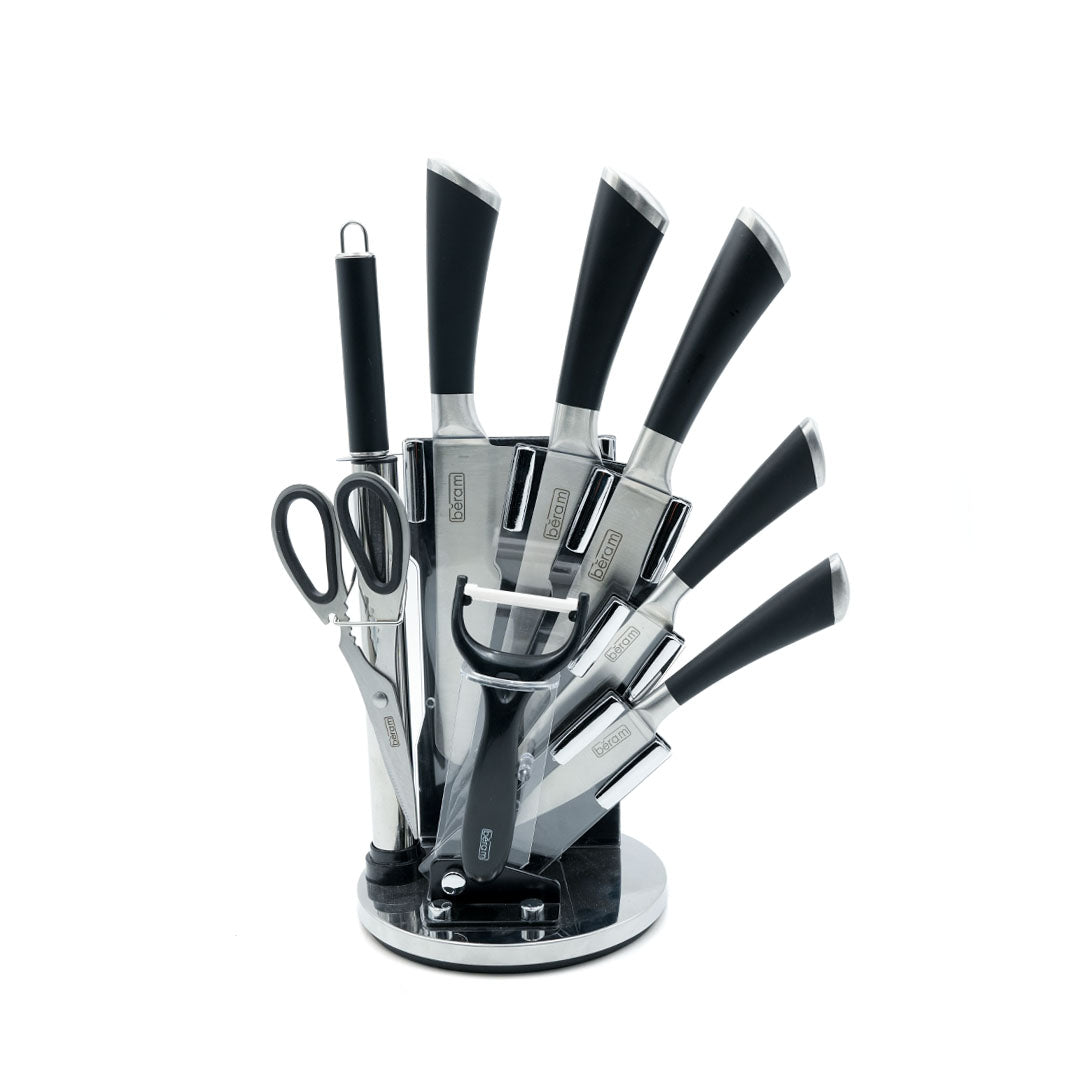 Beram Chef Kitchen Knife Set, 9-Piece High-Carbon Stainless Steel Blades with Full-Covered Edge Handles, Include 5 Knives, Scissors, Peeler, Sharpening Rod & Rotating Acrylic Block- Black