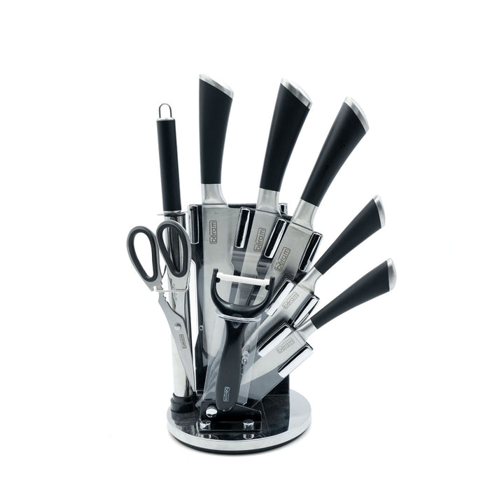 Beram Chef Kitchen Knife Set, 9-Piece High-Carbon Stainless Steel Blades with Full-Covered Edge Handles, Include 5 Knives, Scissors, Peeler, Sharpening Rod & Rotating Acrylic Block- Black