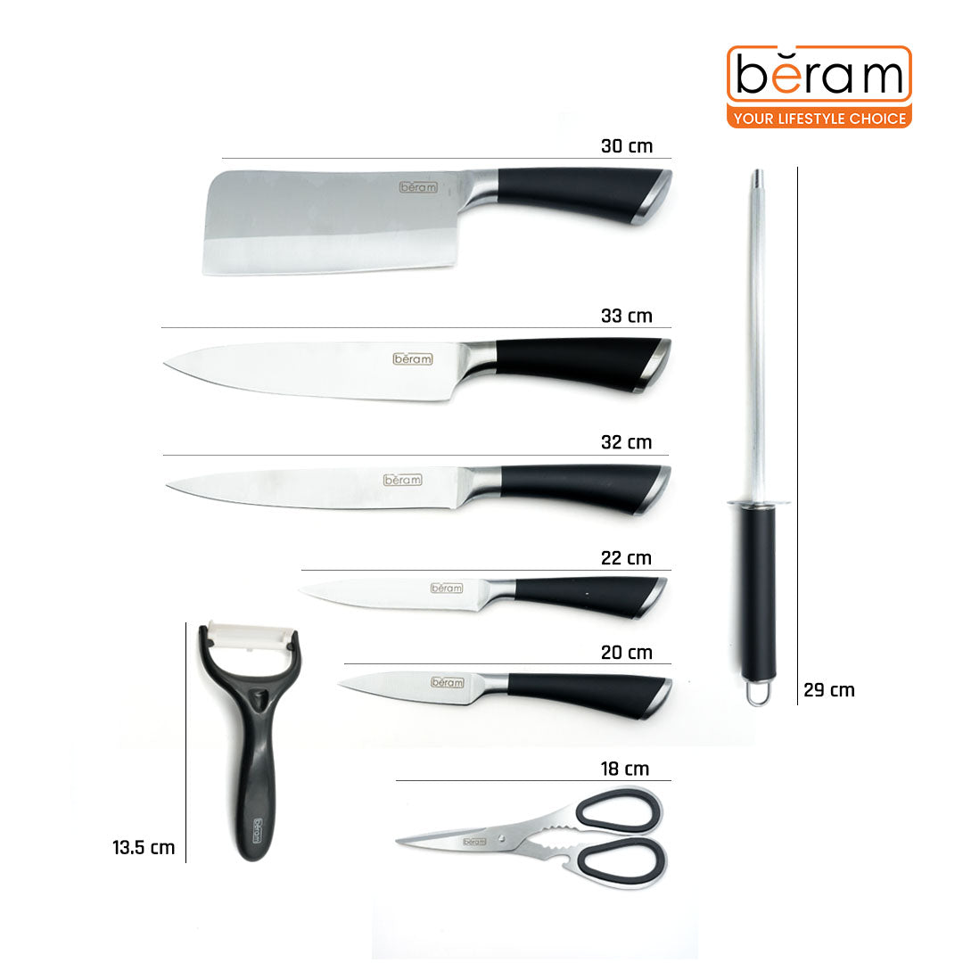 Beram Chef Kitchen Knife Set, 9-Piece High-Carbon Stainless Steel Blades with Full-Covered Edge Handles, Include 5 Knives, Scissors, Peeler, Sharpening Rod & Rotating Acrylic Block- Black