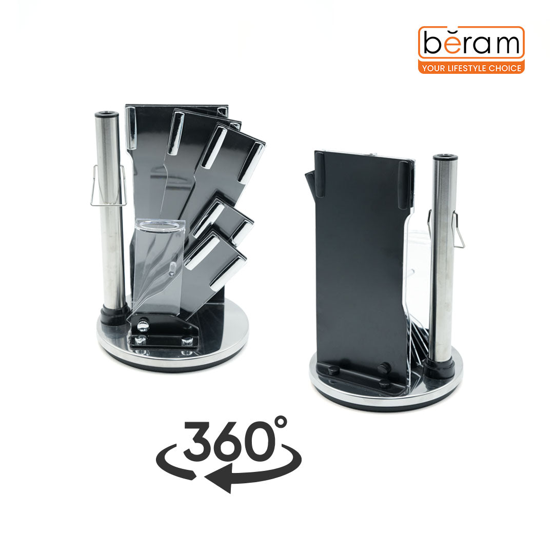 Beram Chef Kitchen Knife Set, 9-Piece High-Carbon Stainless Steel Blades with Full-Covered Edge Handles, Include 5 Knives, Scissors, Peeler, Sharpening Rod & Rotating Acrylic Block- Black