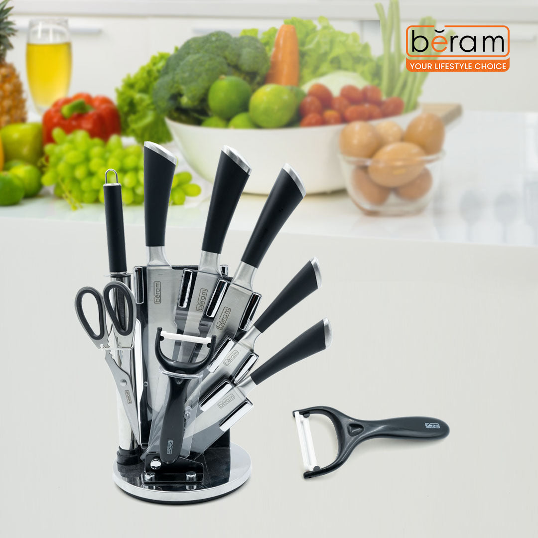 Beram Chef Kitchen Knife Set, 9-Piece High-Carbon Stainless Steel Blades with Full-Covered Edge Handles, Include 5 Knives, Scissors, Peeler, Sharpening Rod & Rotating Acrylic Block- Black