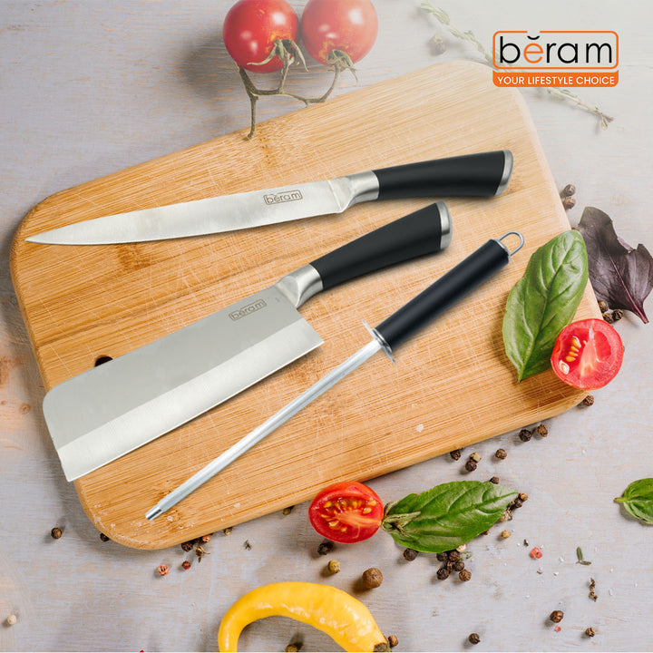 Beram Chef Kitchen Knife Set, 9-Piece High-Carbon Stainless Steel Blades with Full-Covered Edge Handles, Include 5 Knives, Scissors, Peeler, Sharpening Rod & Rotating Acrylic Block- Black