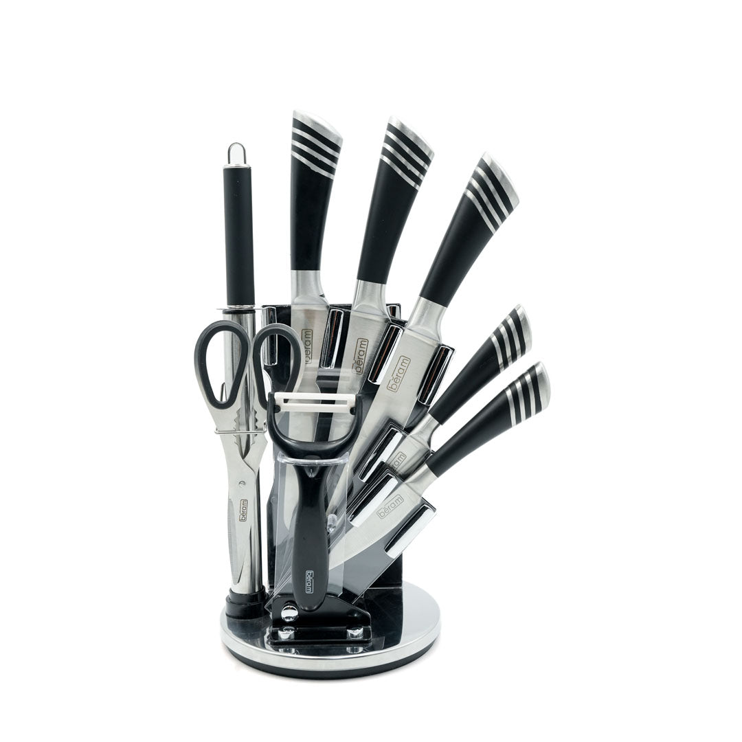 Beram 9-Piece Stainless Steel Kitchen Knife Set with Rotating Stand – Chef, Bread, Utility, Paring Knives, Scissors, Peeler & Sharpener – Ergonomic Black & Silver Handles with multiple stripes