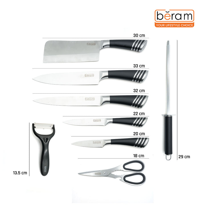 Beram 9-Piece Stainless Steel Kitchen Knife Set with Rotating Stand – Chef, Bread, Utility, Paring Knives, Scissors, Peeler & Sharpener – Ergonomic Black & Silver Handles with multiple stripes