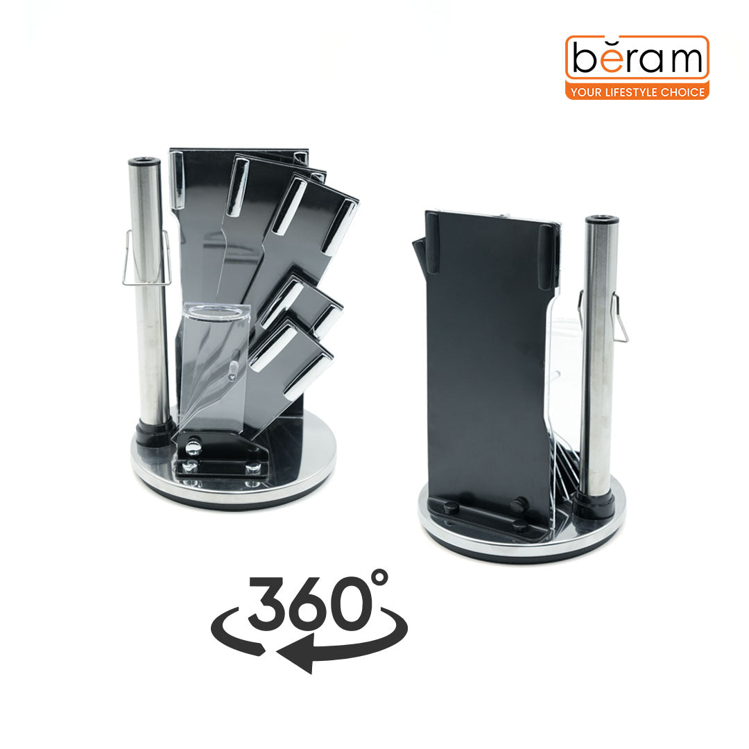 Beram 9-Piece Stainless Steel Kitchen Knife Set with Rotating Stand – Chef, Bread, Utility, Paring Knives, Scissors, Peeler & Sharpener – Ergonomic Black & Silver Handles with multiple stripes