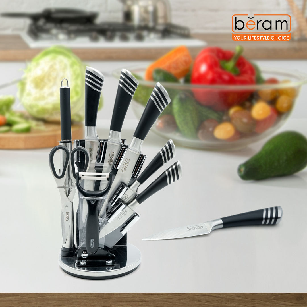 Beram 9-Piece Stainless Steel Kitchen Knife Set with Rotating Stand – Chef, Bread, Utility, Paring Knives, Scissors, Peeler & Sharpener – Ergonomic Black & Silver Handles with multiple stripes