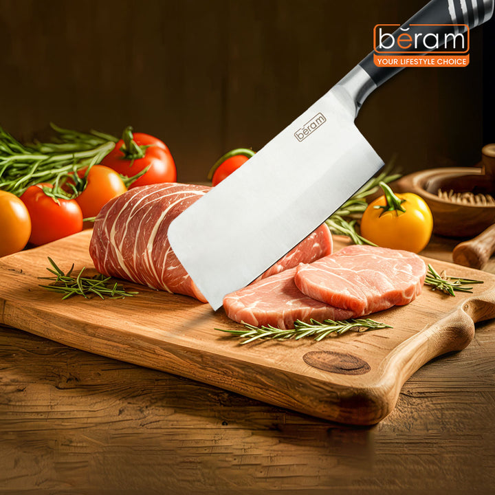 Beram 9-Piece Stainless Steel Kitchen Knife Set with Rotating Stand – Chef, Bread, Utility, Paring Knives, Scissors, Peeler & Sharpener – Ergonomic Black & Silver Handles with multiple stripes