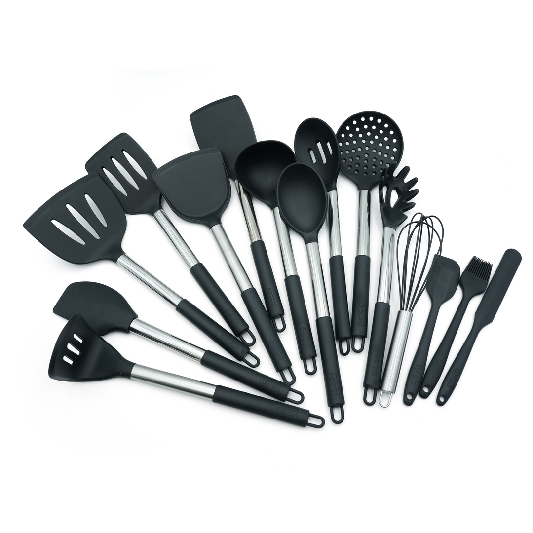 Beram 15Pcs Silicone Set with Stainless Steel Handles Heat Resistant Non-Stick Safe BPA Free Cooking Tools Spatulas, Turner, Spoon, Tongs Whisk Ladle & More–Black (15Pcs Set)