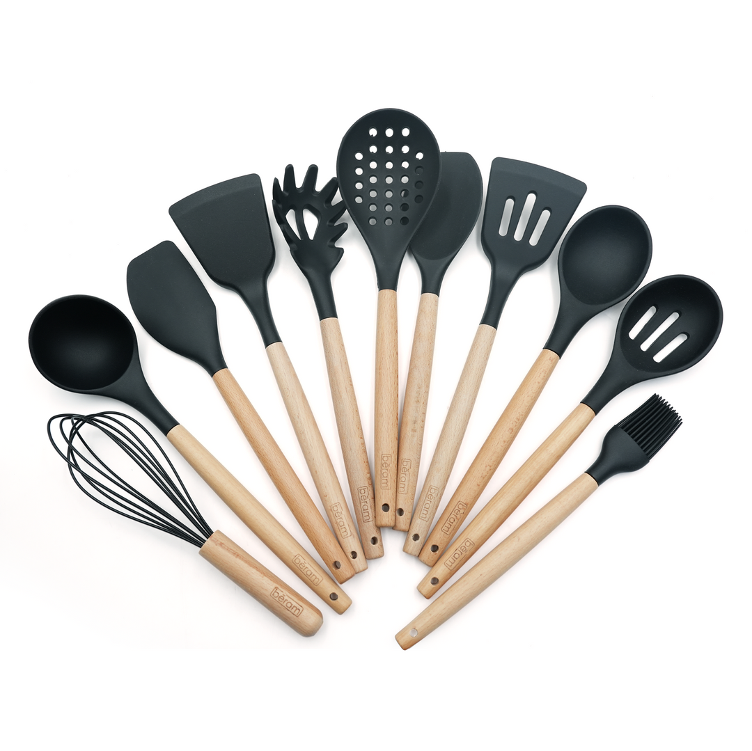 Beram 11Pcs Silicone Cooking Utensil Set with Wooden Handles Heat Resistant BPA Free Non-Stick Kitchen Tools for Cooking Baking Mixing Stirring Serving Frying Grilling – Black (11Pcs Set)