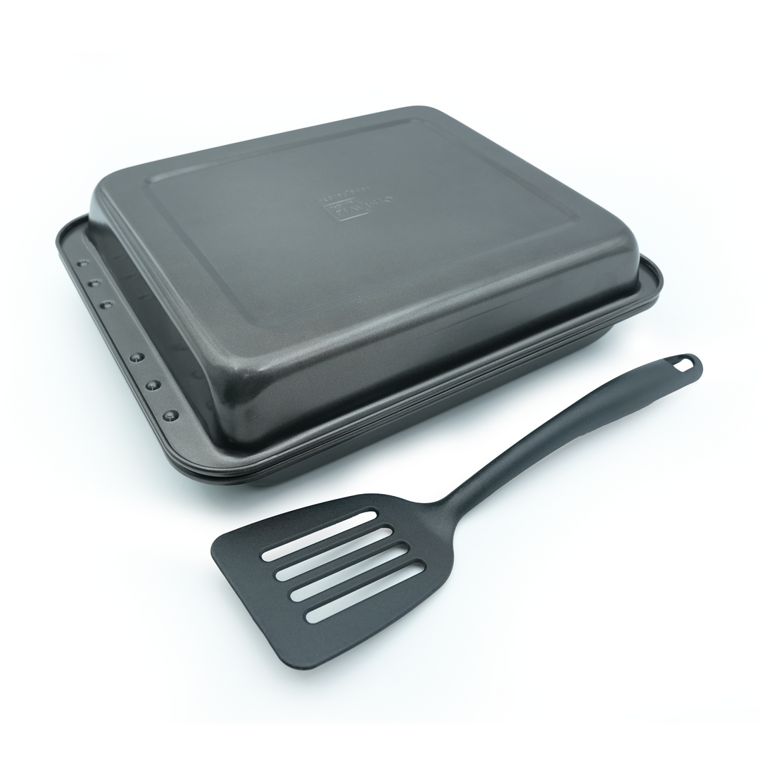 3-Piece Square Non-Stick Roasting Tray Set with Coating, Oven Bakeware Tray with Lid and Spatula, Steel Baking Dish for Roasting, Lasagna, Vegetables, Chicken –36 × 29 × 5.5 cm