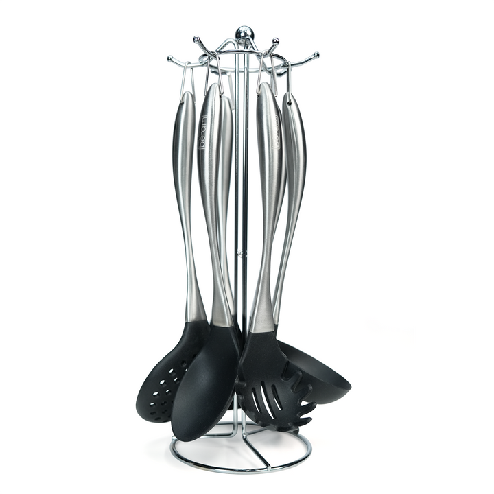 Beram 6 Pcs Black Silicon Spatula Set With Stainless Steel Curvy Handles & Stand Heat Resistant,Shovel,Spoon,Skimmer,Slotted Turner,Soup Ladle and Pasta Server