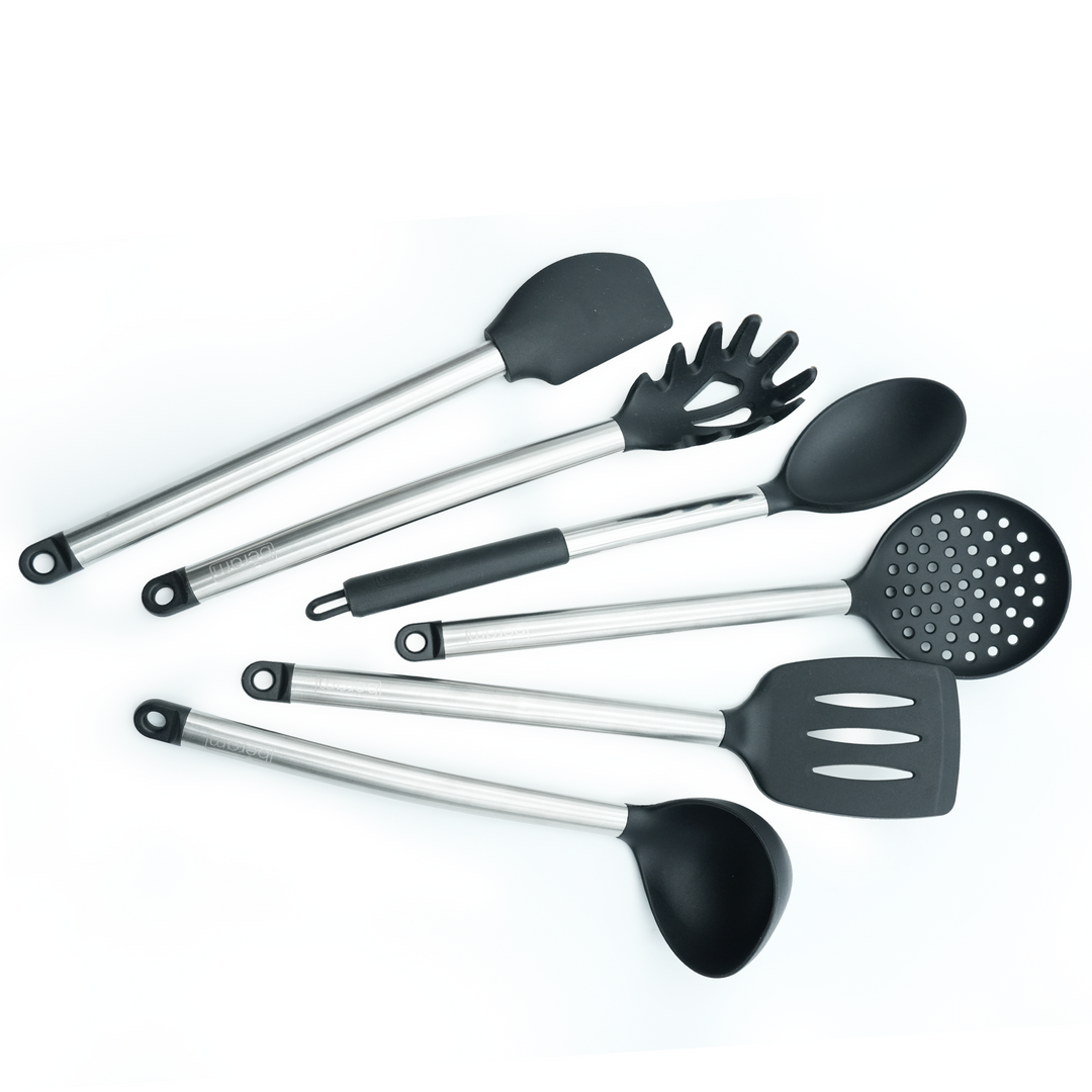 Beram 6Pcs Silicone with Stainless Steel Utensil Set Non-Stick Safe,Heat Resistant,BPA-Free –Slotted Turner, Scraper, Skimmer, Pasta Server, Soup Ladle & Serving Spoon (Black) (Set of 6)