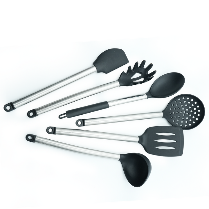 Beram 6Pcs Silicone with Stainless Steel Utensil Set Non-Stick Safe,Heat Resistant,BPA-Free –Slotted Turner, Scraper, Skimmer, Pasta Server, Soup Ladle & Serving Spoon (Black) (Set of 6)