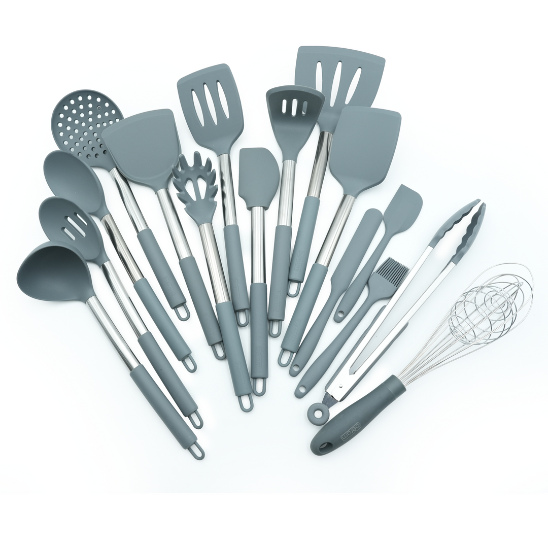 Beram 16-Piece Silicone Kitchen Set with Stainless Steel Handles Heat Resistant Non-Stick Safe BPA-Free Cooking Tools Spatulas Turner Spoon Tongs Whisk Ladle & More–Grey (16Pcs Set)