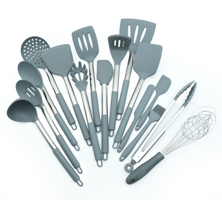Beram 16-Piece Silicone Kitchen Set with Stainless Steel Handles Heat Resistant Non-Stick Safe BPA-Free Cooking Tools Spatulas Turner Spoon Tongs Whisk Ladle & More–Grey (16Pcs Set)