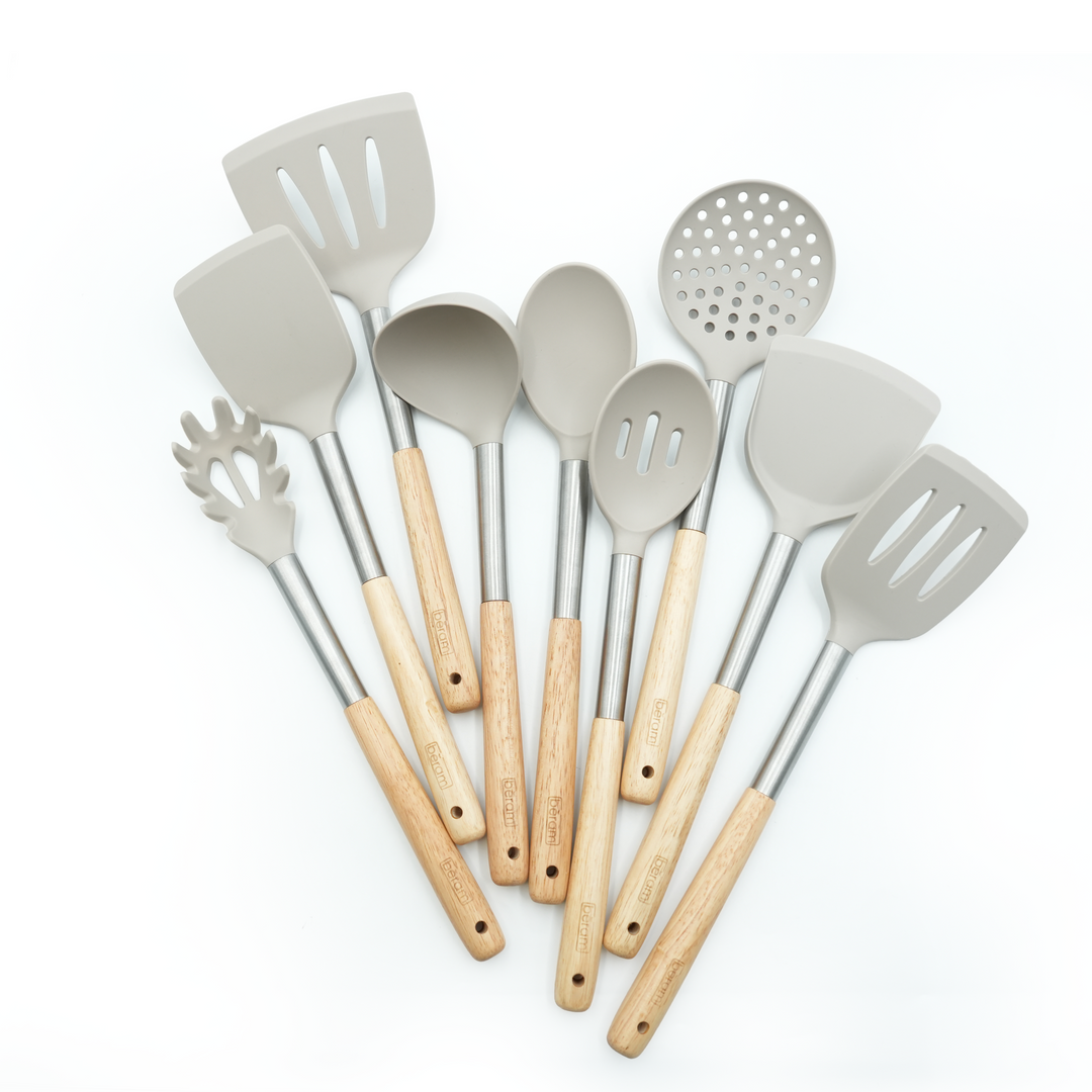 Beram 9Pcs Silicone Kitchen Utensil Set Heat-Resistant Cooking Tools with Stainless Steel & Wooden Handles BPA-Free, Non-Stick Safe for cooking baking & more.(BEIGE) (Set of 9)