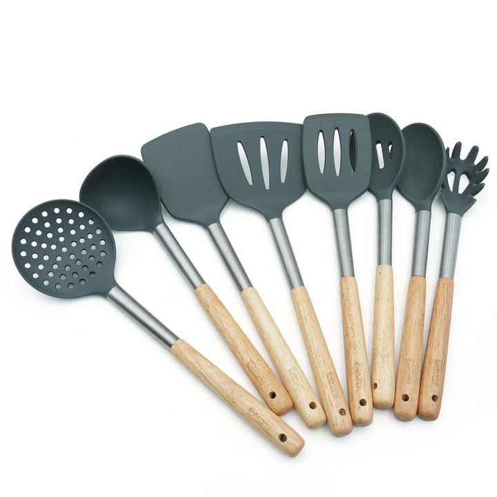 Beram 8Pcs Silicone Spatula Set with Wooden & Steel Handles, Heat-Resistant, BPA-Free, Non-Stick Safe Includes Serving Spoon, Turner, Ladle, Skimmer, Pasta Server Grey (8 Pcs Set)