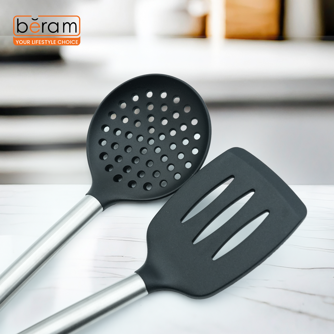 Beram 6Pcs Silicone with Stainless Steel Utensil Set Non-Stick Safe,Heat Resistant,BPA-Free –Slotted Turner, Scraper, Skimmer, Pasta Server, Soup Ladle & Serving Spoon (Black) (Set of 6)