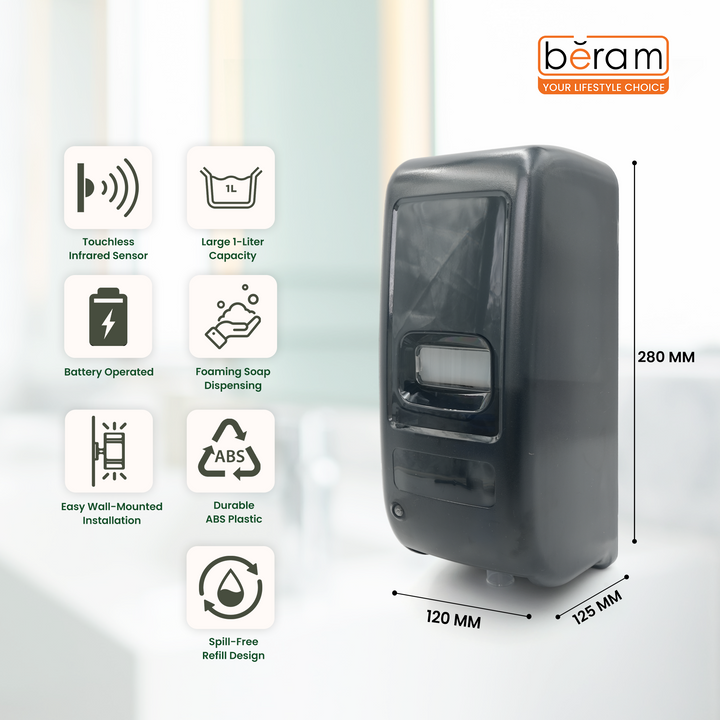 BERAM Automatic Soap Dispenser 1 Liter Wall Mounting Non-Contact Battery Operated Hand wash Foaming with Sensor Foam Soap Dispense for Bathroom Kitchen Office Translucent smoked Black