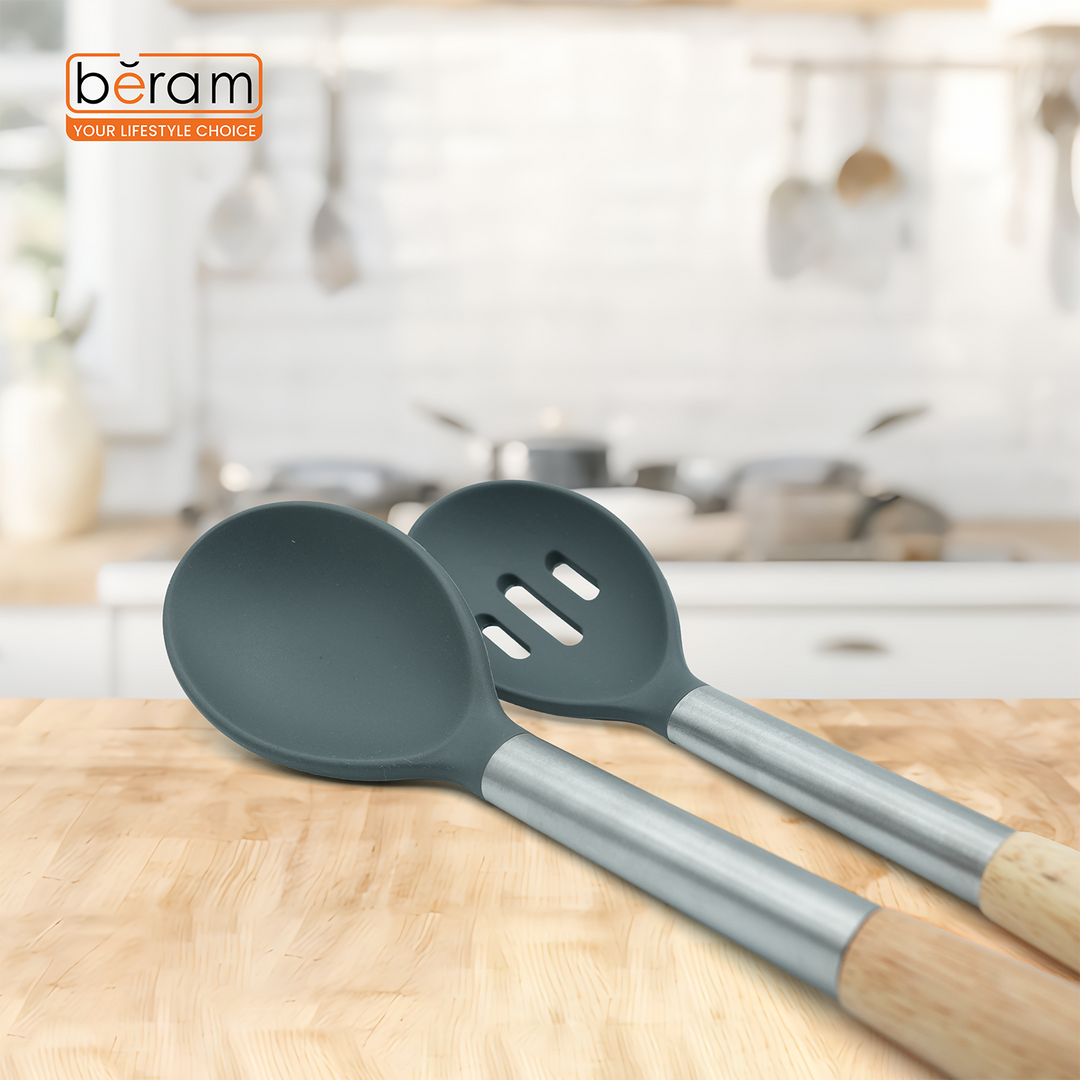 Beram 8Pcs Silicone Spatula Set with Wooden & Steel Handles, Heat-Resistant, BPA-Free, Non-Stick Safe Includes Serving Spoon, Turner, Ladle, Skimmer, Pasta Server Grey (8 Pcs Set)