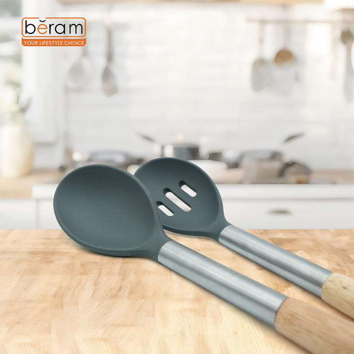 Beram 8Pcs Silicone Spatula Set with Wooden & Steel Handles, Heat-Resistant, BPA-Free, Non-Stick Safe Includes Serving Spoon, Turner, Ladle, Skimmer, Pasta Server Grey (8 Pcs Set)