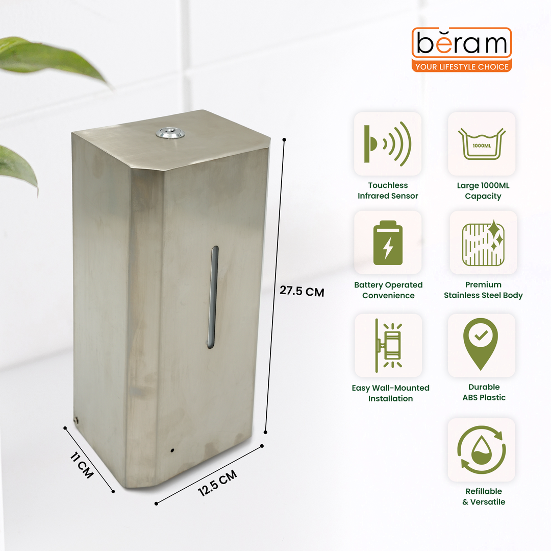 Beram 1000ML Automatic Soap Dispenser Wall Mounted Stainless Steel Touchless Hand Sanitizer & Liquid Soap Dispenser Battery Operated Refillable Commercial Dispenser for Bathroom Kitchen Office